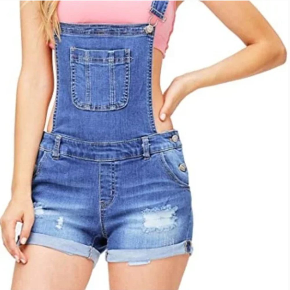 Wax Jean distressed stretchy denim short overalls Size L